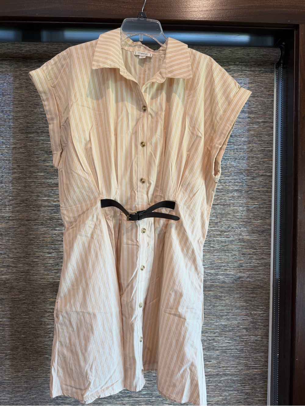 Maeve Light Beige & White Striped Shirt Dress with Black Tie